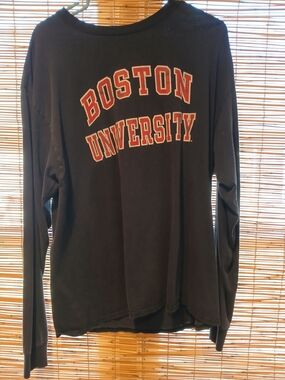 Champion Black Long Sleeve Tee with Red and White Boston University Logo